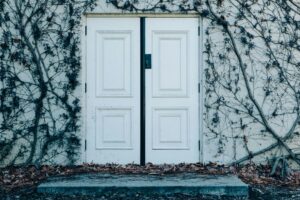 A white door surrounded by ivy and dry leaves on a rustic exterior wall.