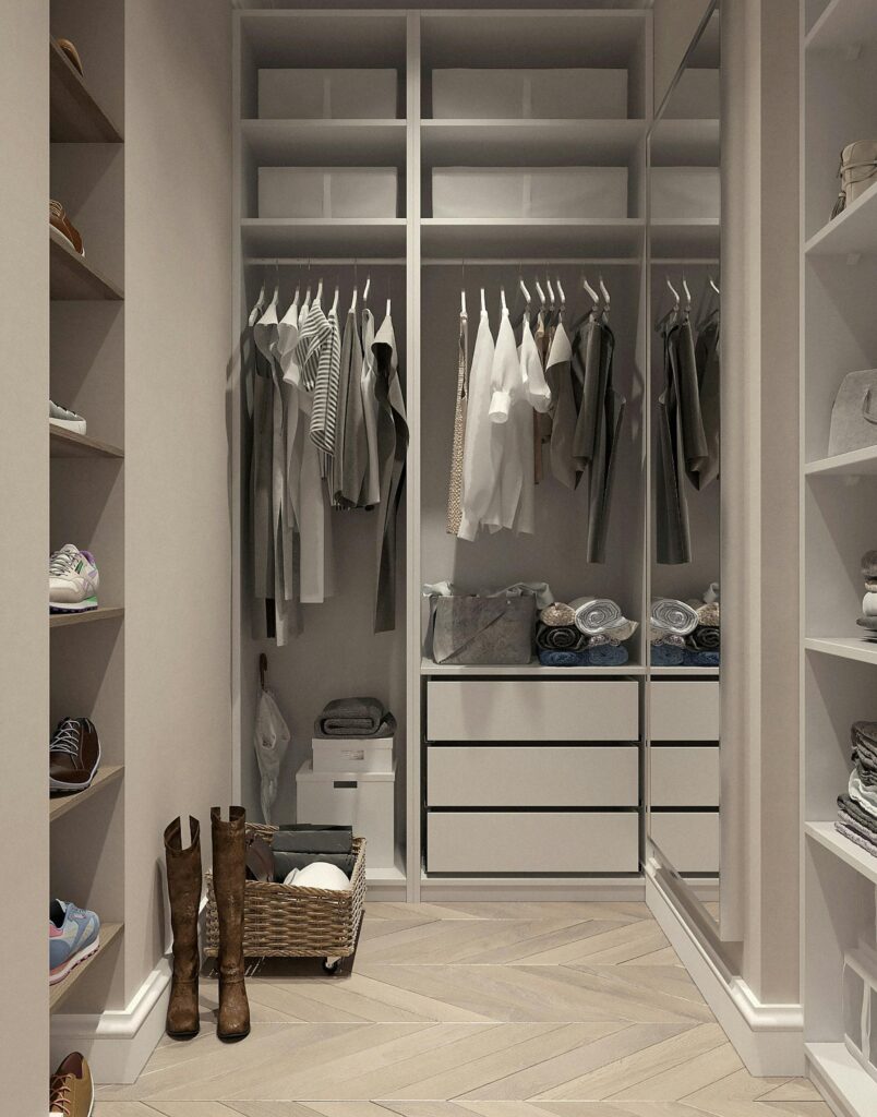 Stylish walk-in closet with neutral tones and contemporary design elements.