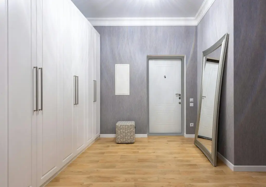 Modern hall interior with entrance door between closet and rectangular shaped mirror on wooden floor at home
